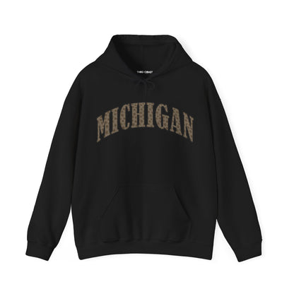 Michigan Hooded Sweatshirt with Petoskey stone letters