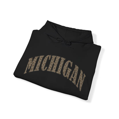 Michigan Hooded Sweatshirt with Petoskey stone letters