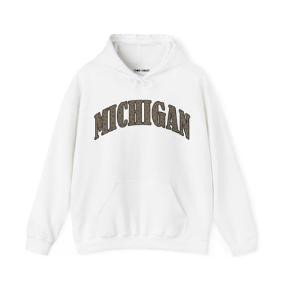 Michigan Hooded Sweatshirt with Petoskey stone letters