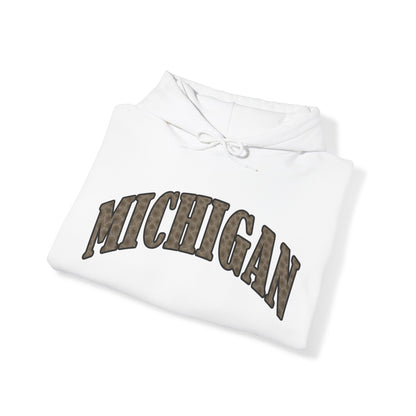 Michigan Hooded Sweatshirt with Petoskey stone letters