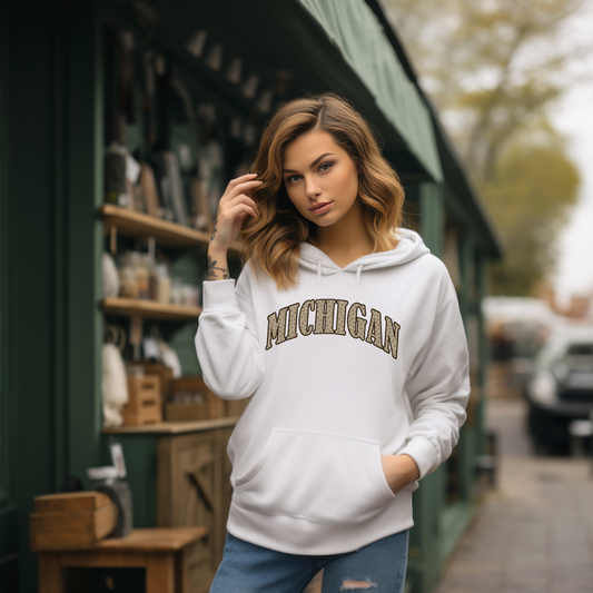 Michigan Hooded Sweatshirt with Petoskey stone letters